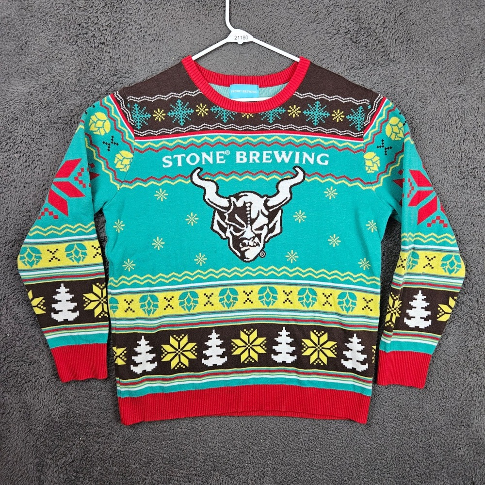 Stone Brewing Mens XL Ugly Christmas Sweater Gargoyle Hops Teal Red Knit